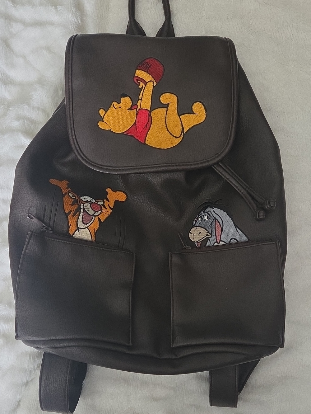 Vintage Winnie the Pooh Embroidered Black Faux Leather Backpack